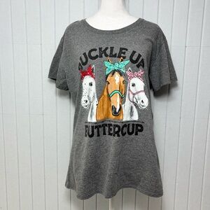 Gildan Gray Cotton T-Shirt "Buckle Up ButterCup" with Horse Graphic Size XL